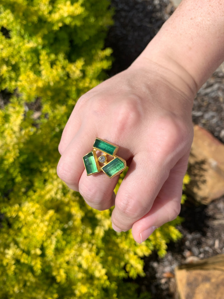 Rough Green Tourmaline Brilliant White Diamond 22k Gold Ring