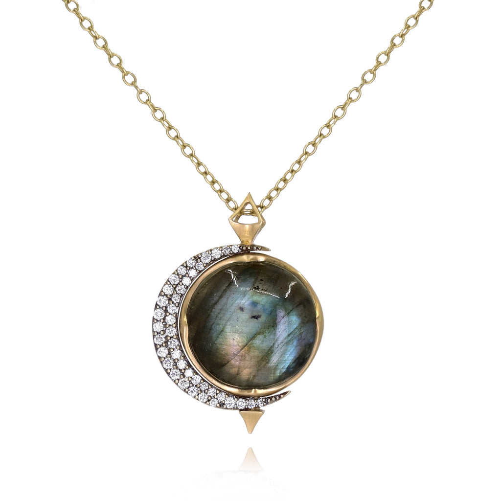 Anahita Labradorite Moonstone Diamond Crescent Moon Gold Flip Necklace