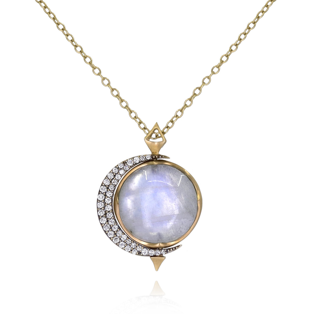 Anahita Labradorite Moonstone Diamond Crescent Moon Gold Flip Necklace