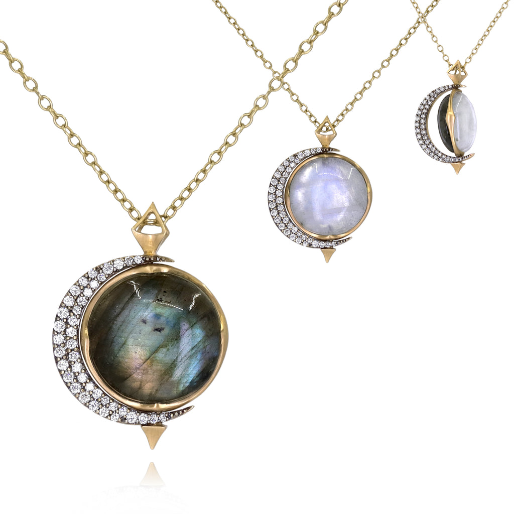 Anahita Labradorite Moonstone Diamond Crescent Moon Gold Flip Necklace