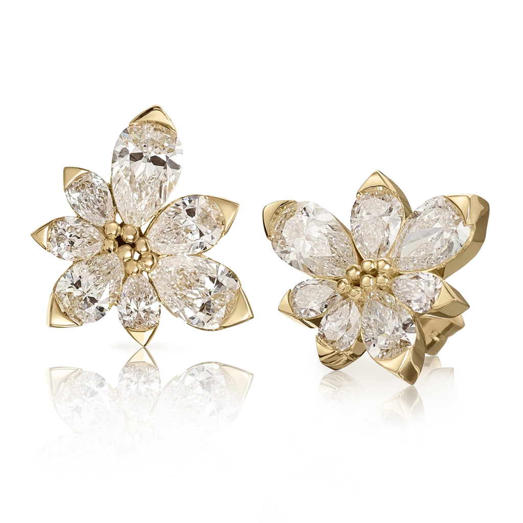 Artemer Pear Diamond Gold Asymmetric Blossom Stud Earrings