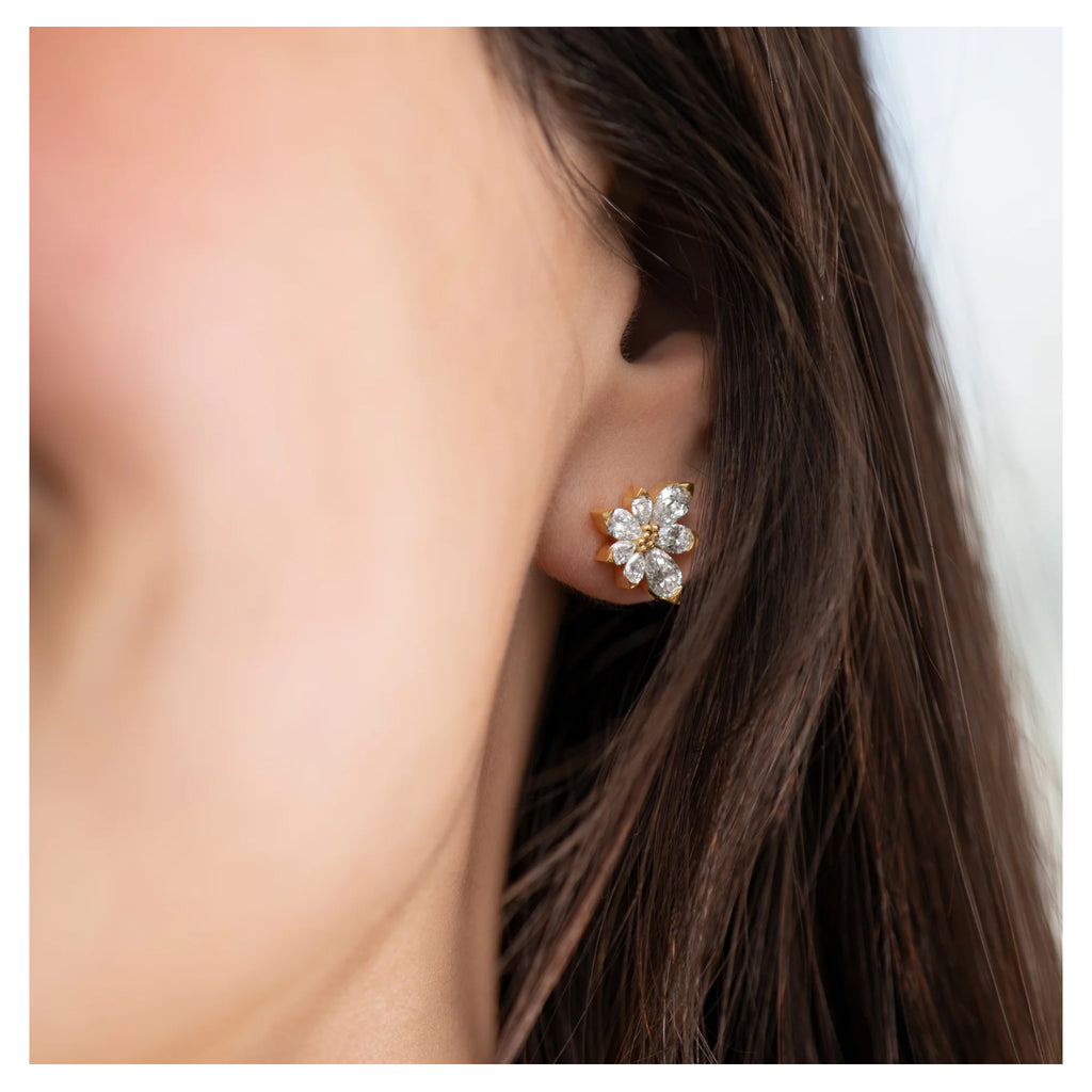 Artemer Pear Diamond Gold Asymmetric Blossom Stud Earrings