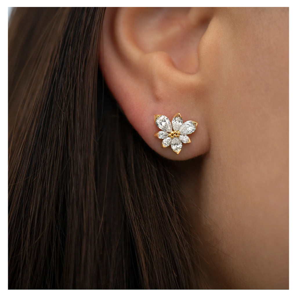 Artemer Pear Diamond Gold Asymmetric Blossom Stud Earrings