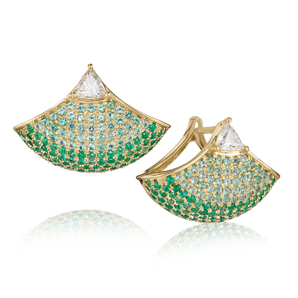 Artemer Diamond Emerald Ombre Gold Fan Earrings