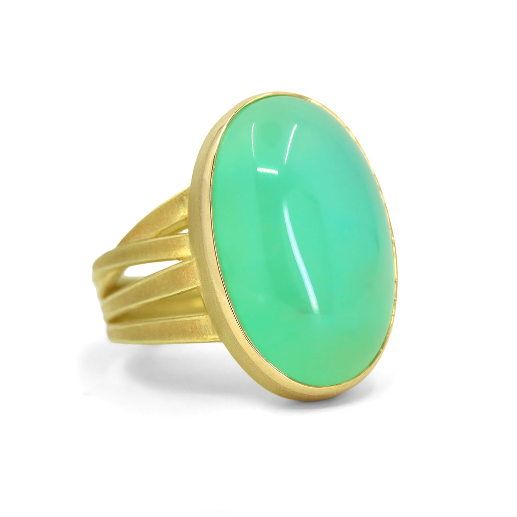 Barbara Heinrich Chrysoprase Oval Cabochon One of a Kind Gold Ribbon Ring