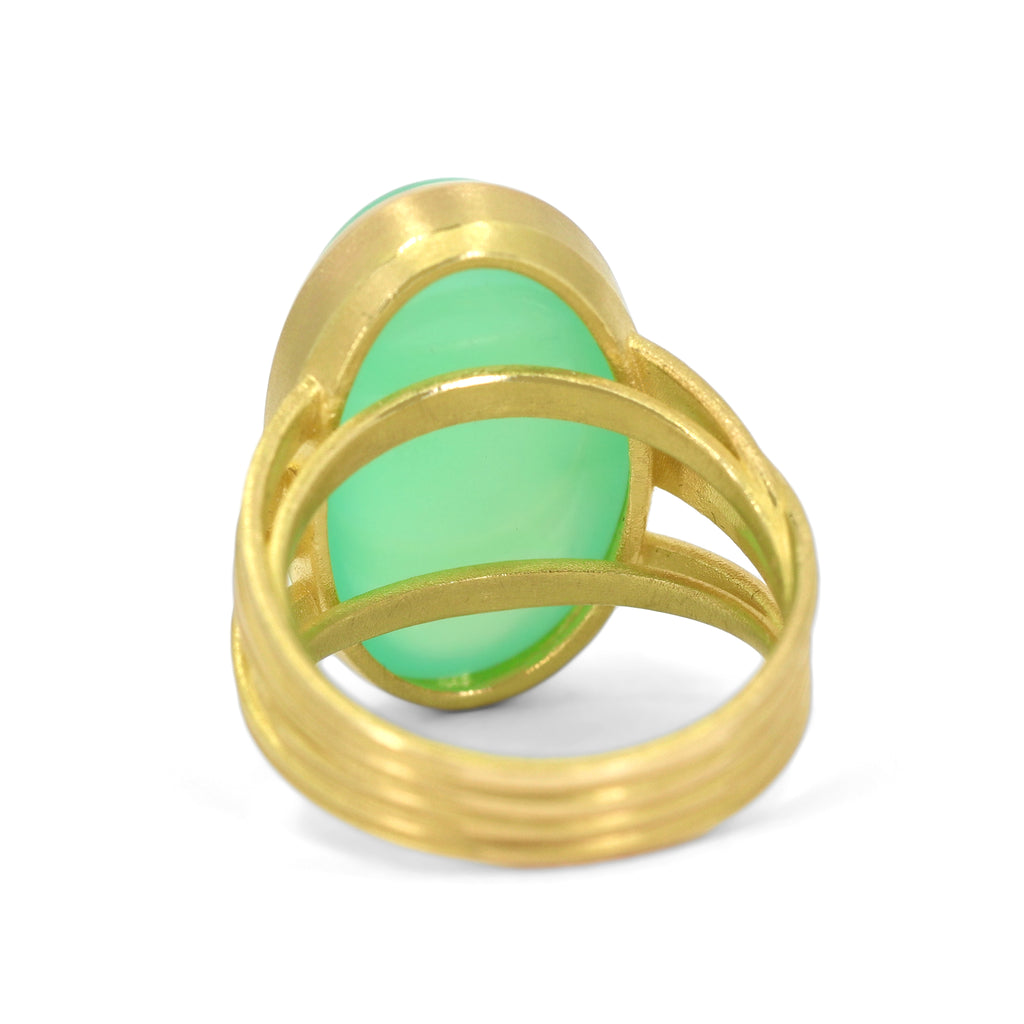 Barbara Heinrich Chrysoprase Oval Cabochon One of a Kind Gold Ribbon Ring