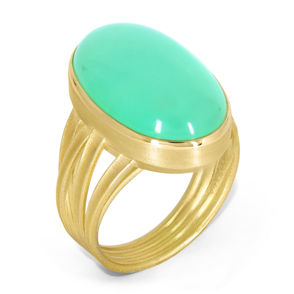 Barbara Heinrich Chrysoprase Oval Cabochon One of a Kind Gold Ribbon Ring