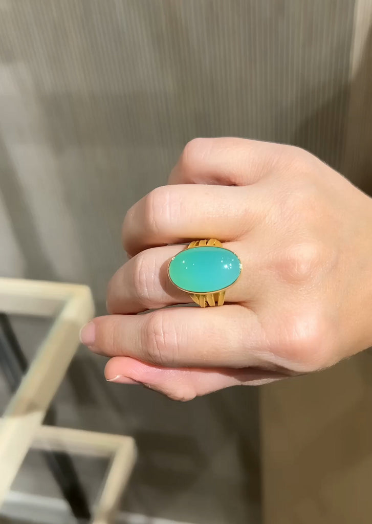 Barbara Heinrich Chrysoprase Oval Cabochon One of a Kind Gold Ribbon Ring