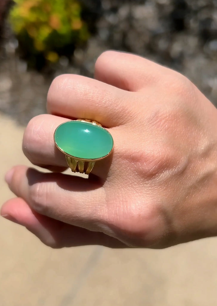 Barbara Heinrich Chrysoprase Oval Cabochon One of a Kind Gold Ribbon Ring