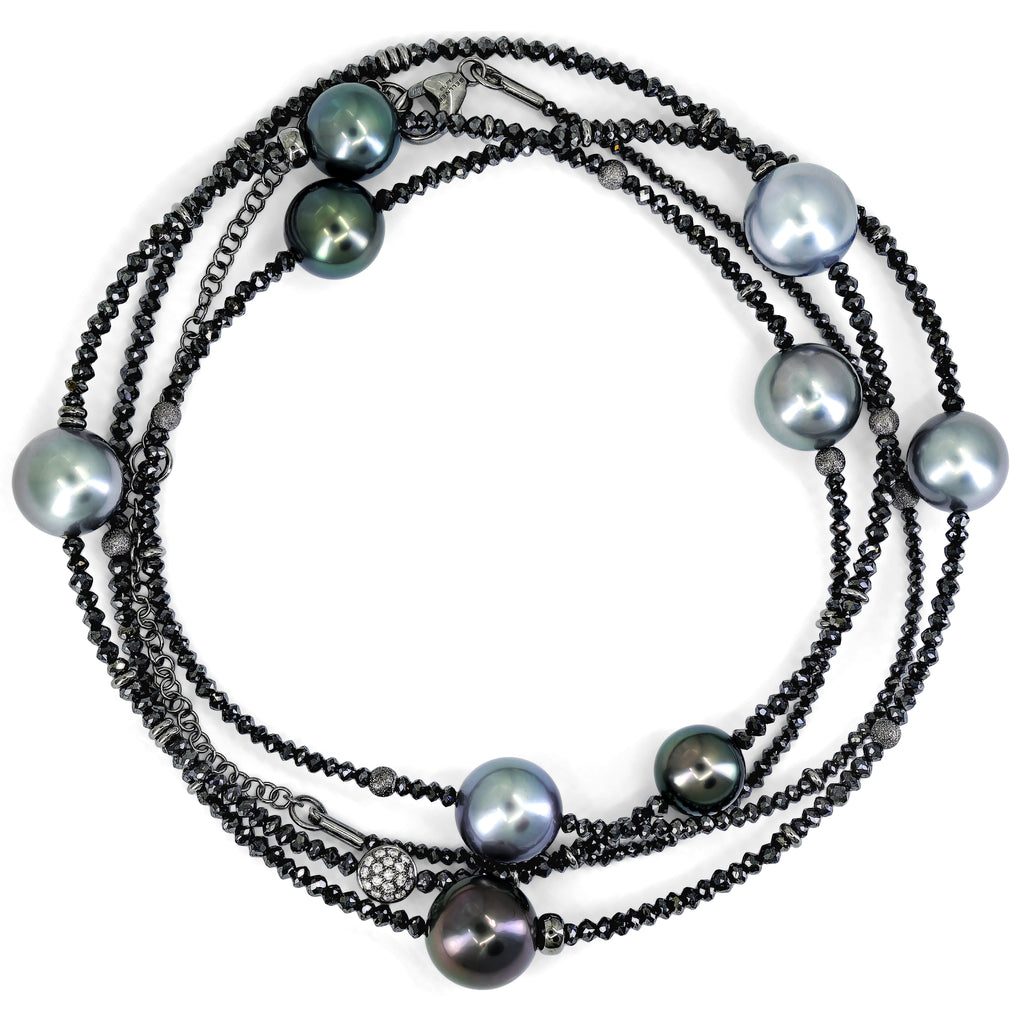 Gellner Round Tahitian Pearl Black + White Diamond 18k Gold Long Necklace