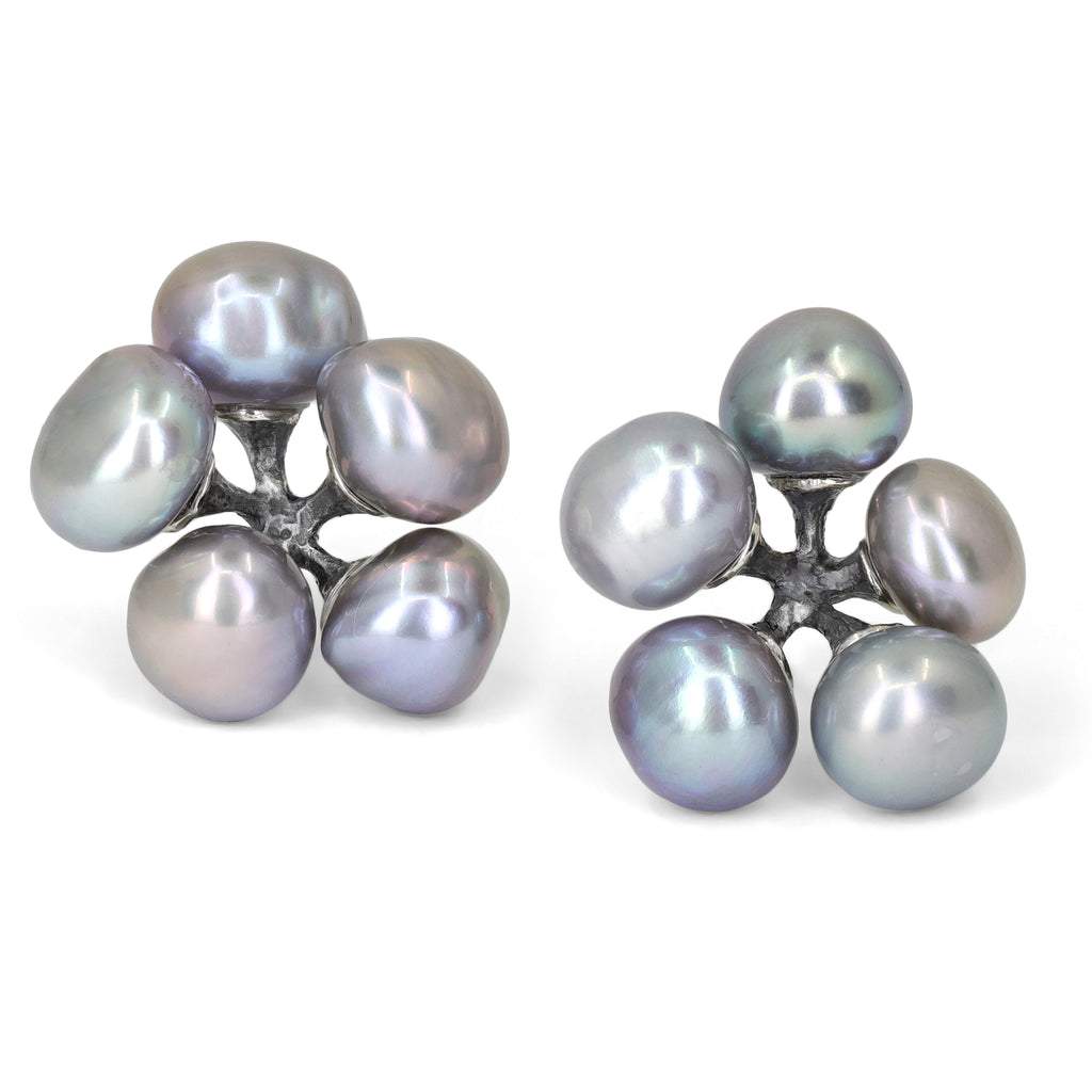 John Iversen Baroque Gray Keshi Pearl Oxidized Silver Jax Stud Earrings