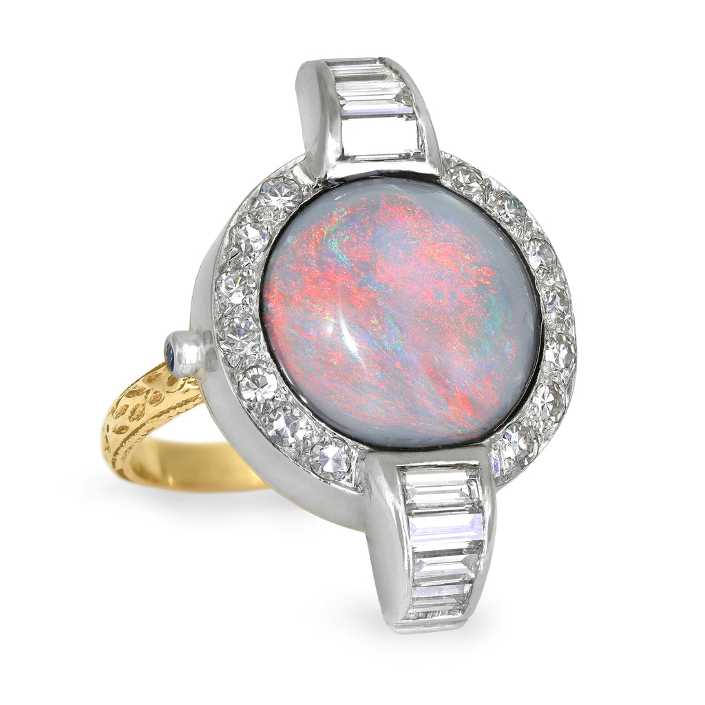 Just Jules Vintage Watch Australian Opal White Diamond Blue Sapphire Gold Ring