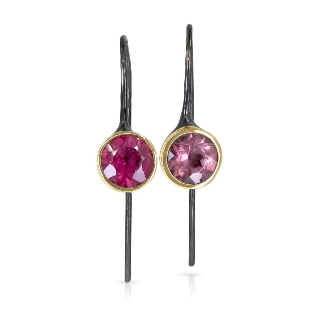 Kika Alvarenga Rose + Pink Tourmaline Oxidized Silver Yellow Gold Flor Drop Earrings