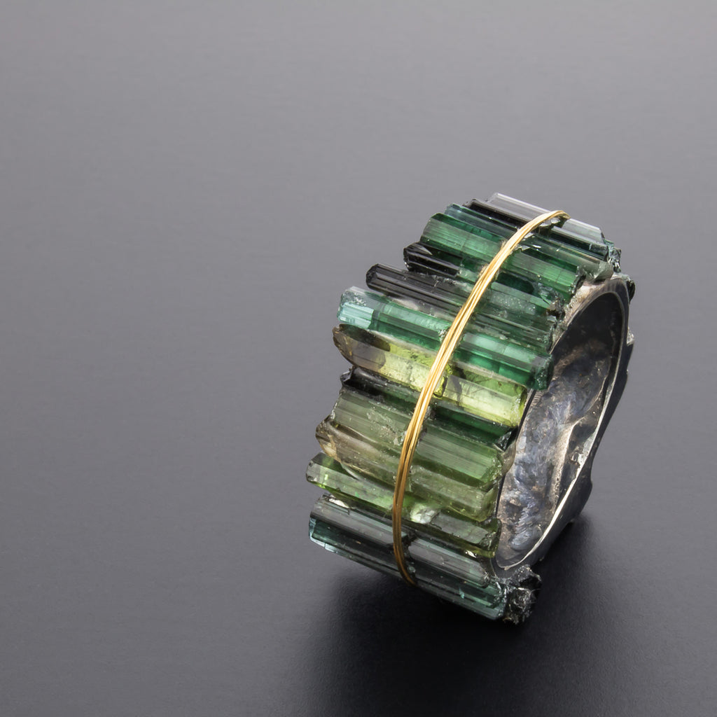 Kika Alvarenga Rough Green Tourmaline Oxidized Silver Yellow Gold Ring