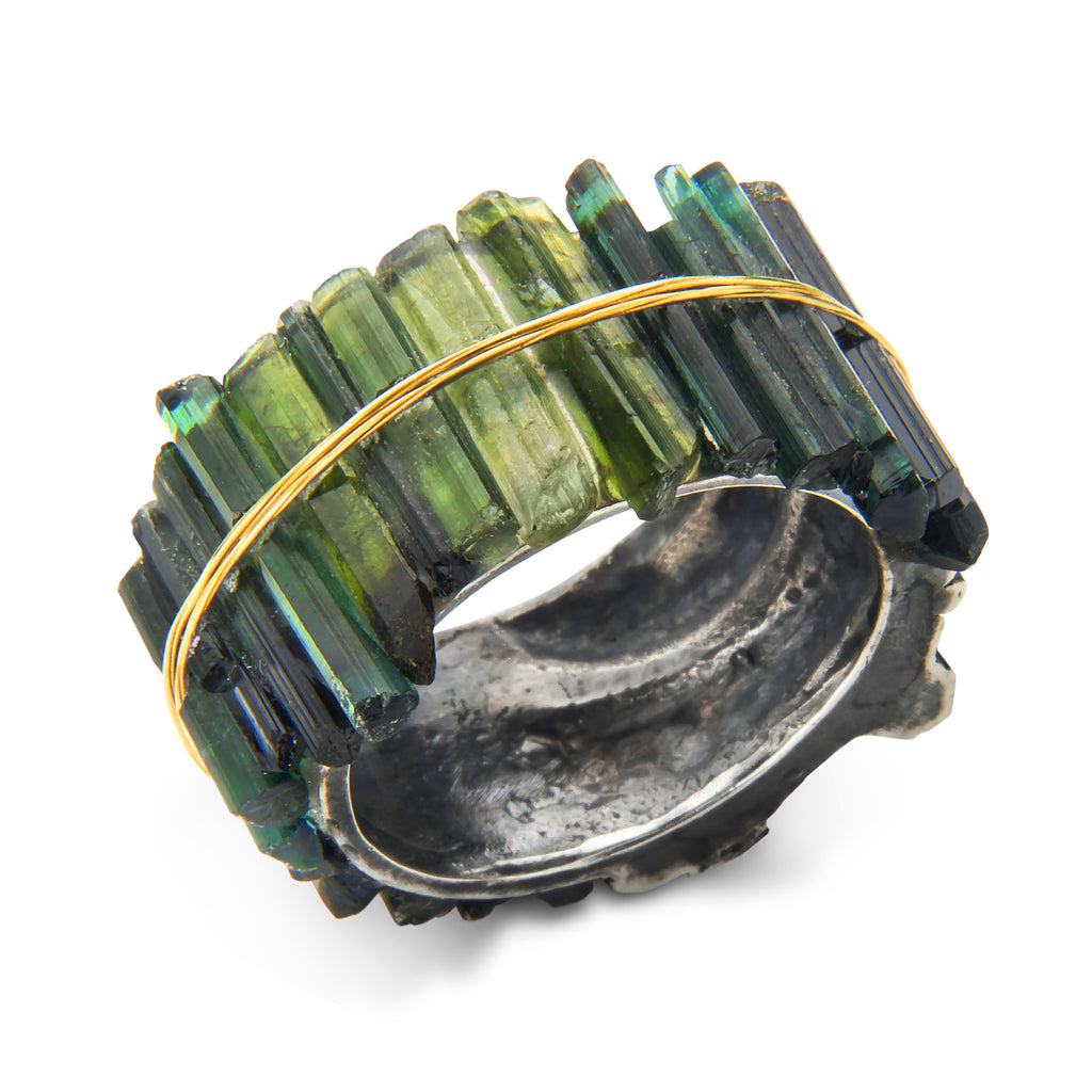 Kika Alvarenga Rough Green Tourmaline Oxidized Silver Yellow Gold Ring