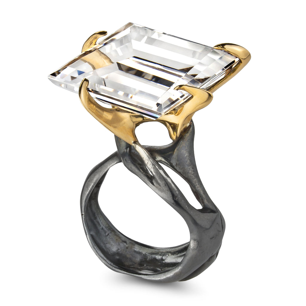 Kika Alvarenga Faceted Rock Crystal Oxidized Silver Yellow Gold Tiger Ring