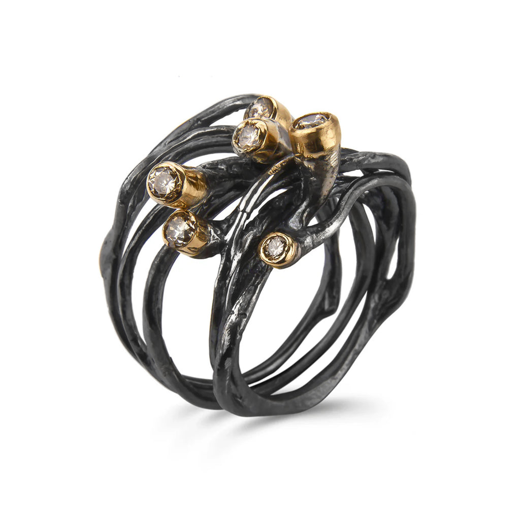 Kika Alvarenga Cognac Diamond Oxidized Silver Yellow Gold Era III Ring