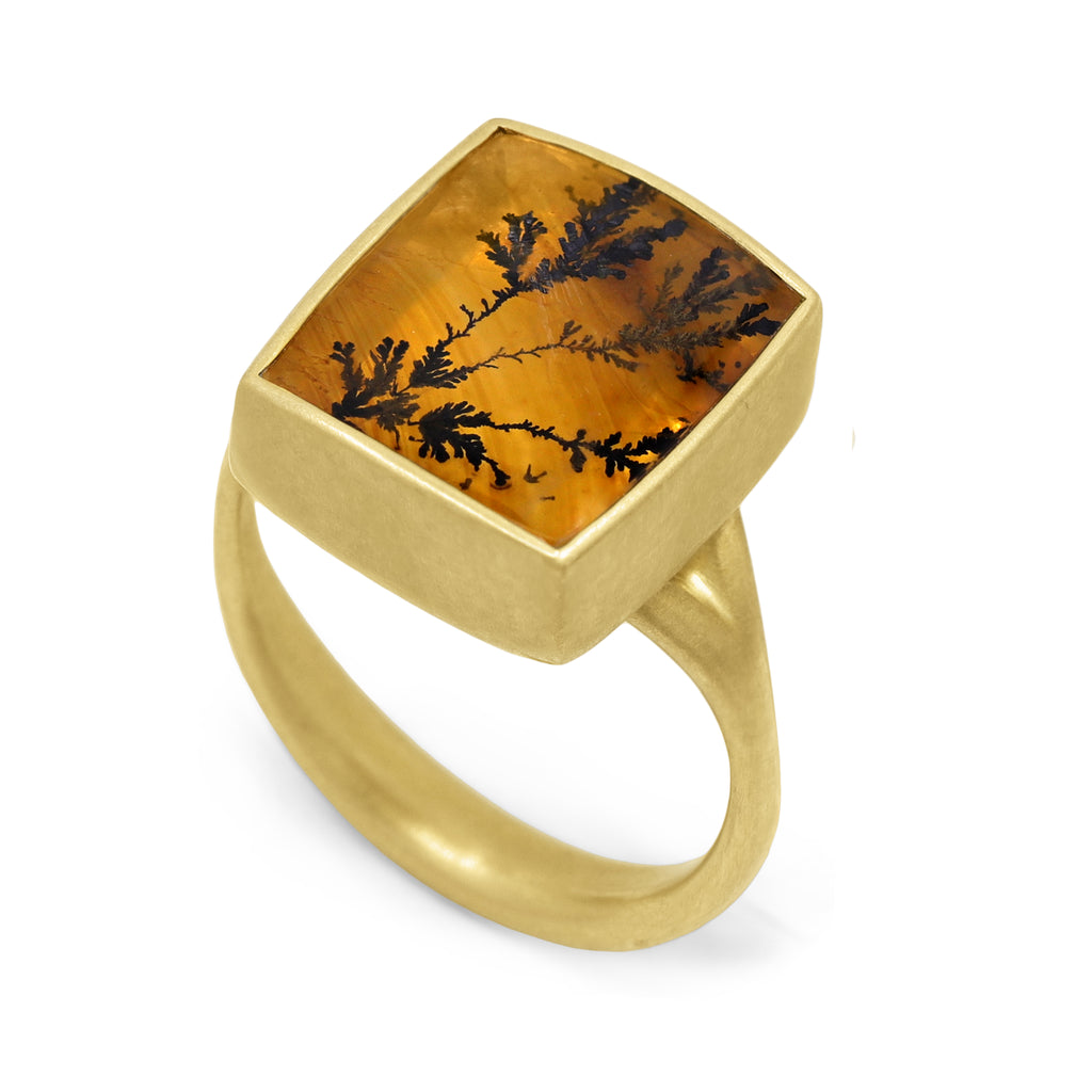 Lola Brooks 7.11ct Square Amber Dendritic Quartz Yellow Gold Ring