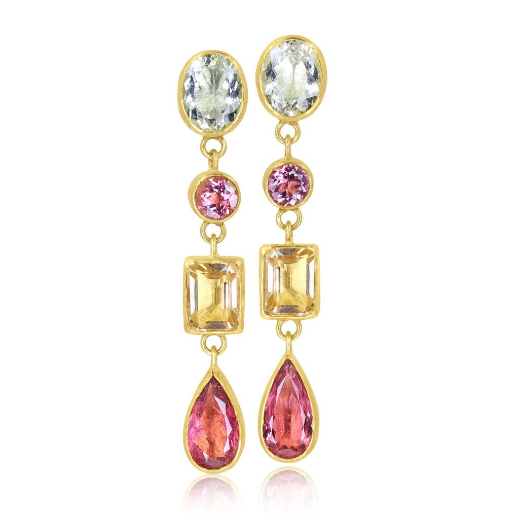 Petra Class One-of-a-Kind Pink Tourmaline Aquamarine Citrine Drop Earrings