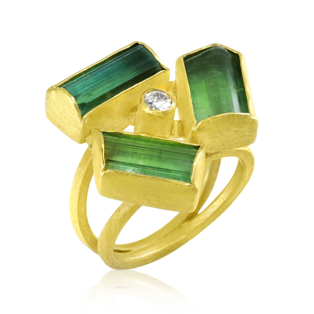 Rough Green Tourmaline Brilliant White Diamond 22k Gold Ring