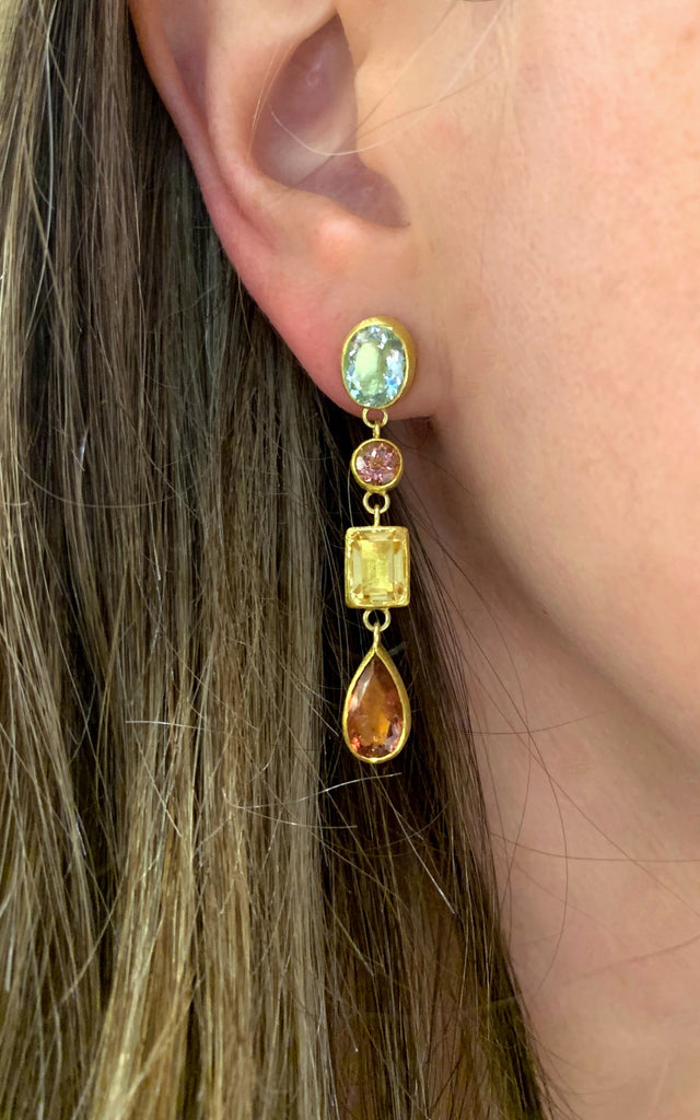 Petra Class One-of-a-Kind Pink Tourmaline Aquamarine Citrine Drop Earrings