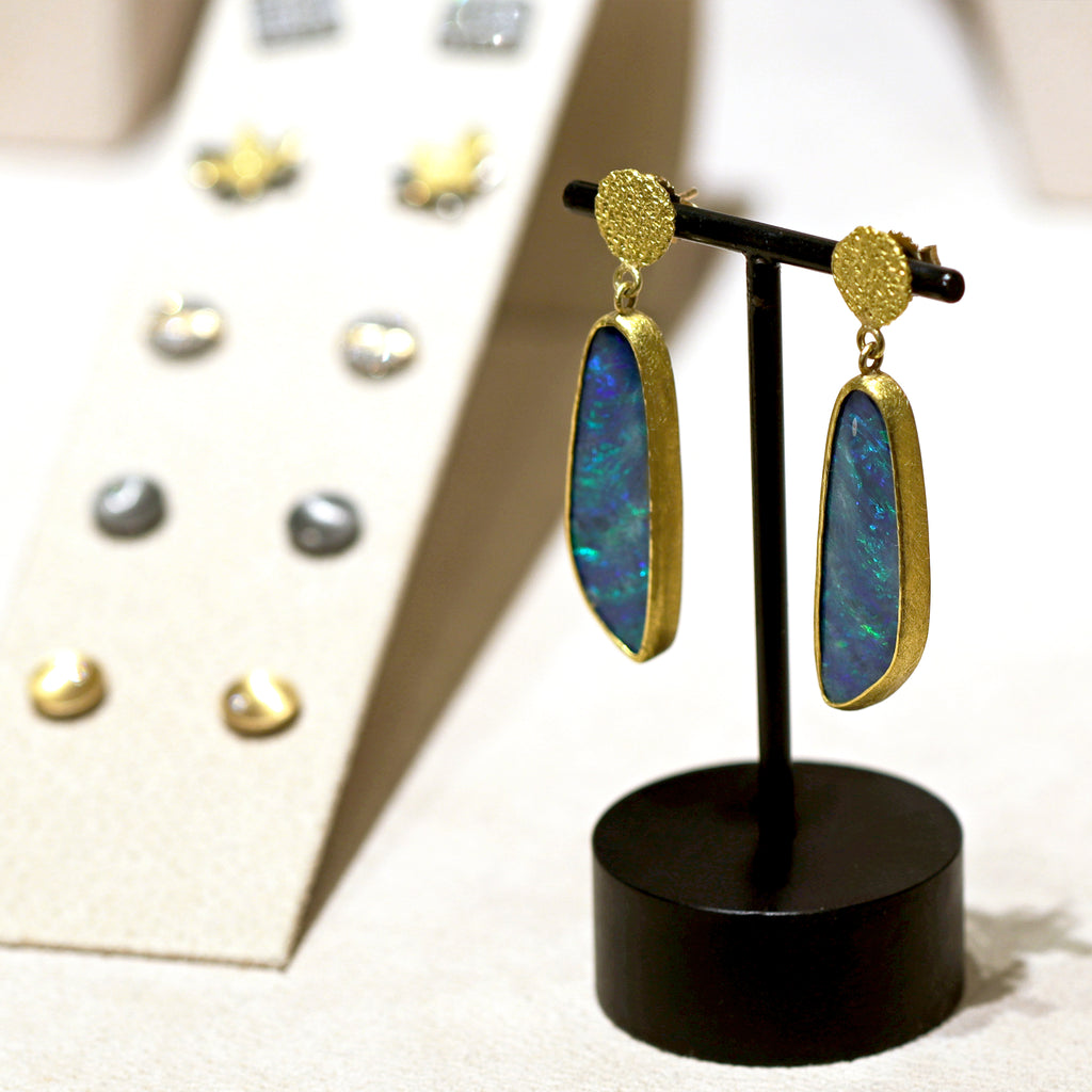 Petra Class Fiery Electric Green Deep Blue Opal 22k Gold Drop Earrings