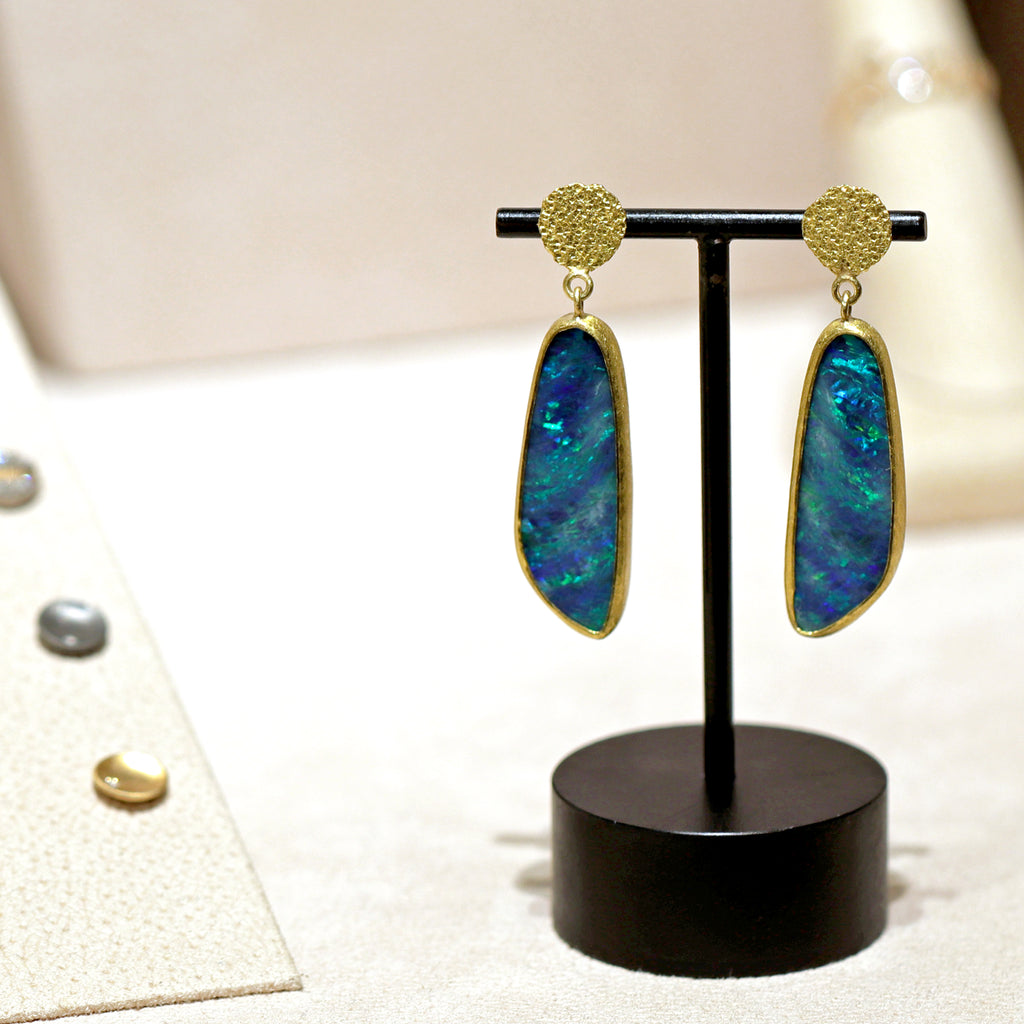 Petra Class Fiery Electric Green Deep Blue Opal 22k Gold Drop Earrings