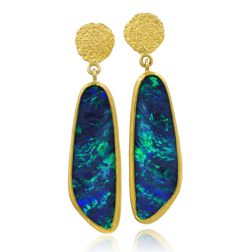 Petra Class Fiery Electric Green Deep Blue Opal 22k Gold Drop Earrings