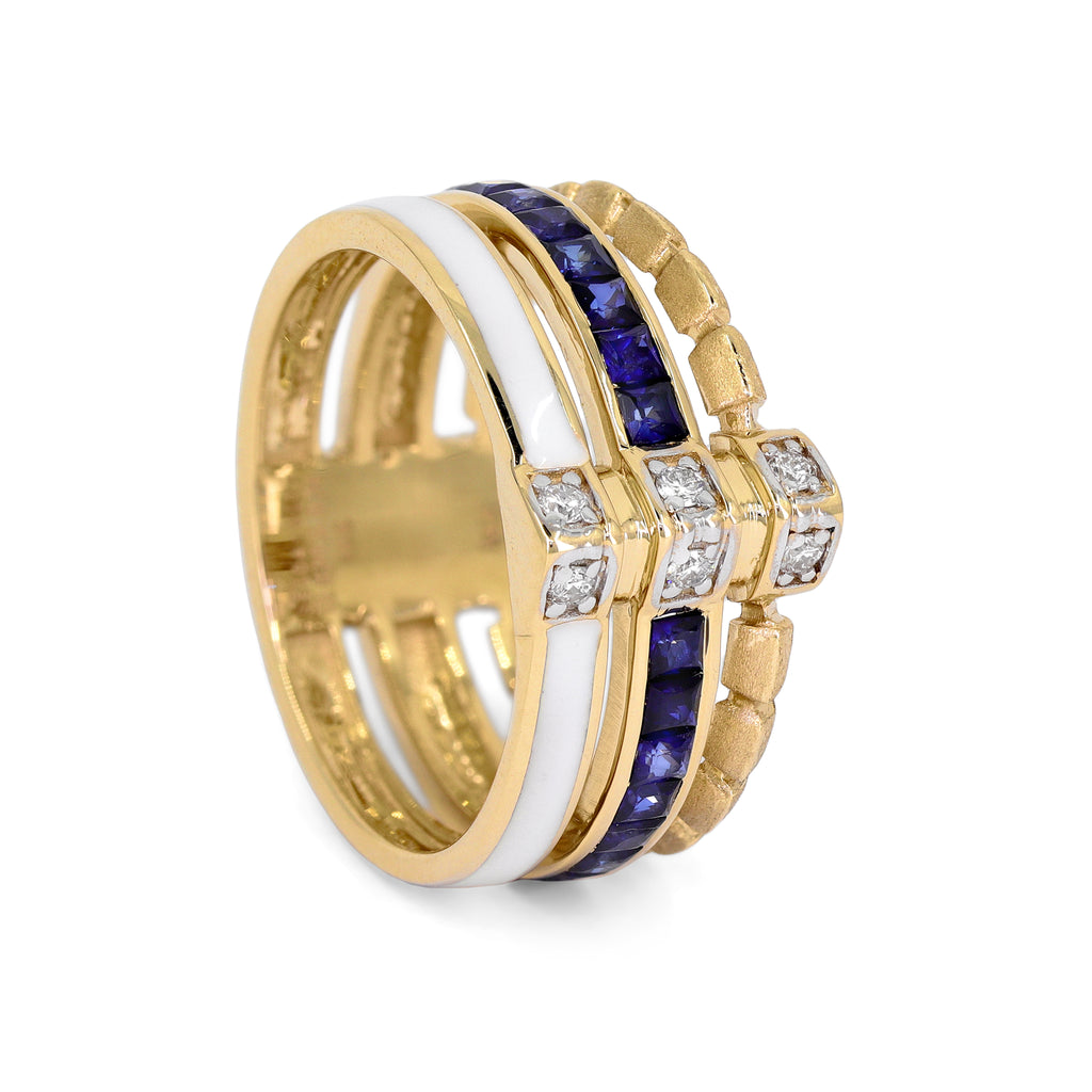 Selda Diamond Blue Sapphire and White Enamel Gold Waima Triple Band Ring