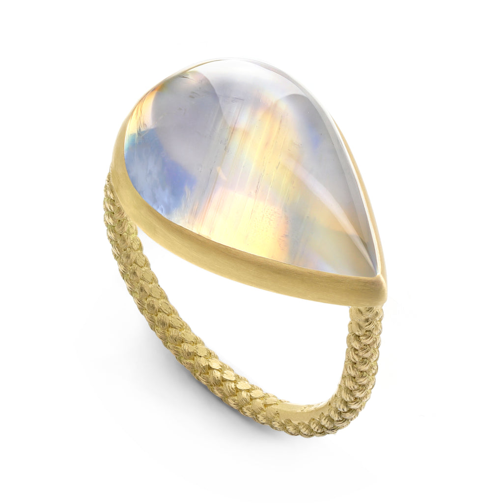 Talkative Rainbow Moonstone Pear Cabochon 22K Gold One of a Kind Ring