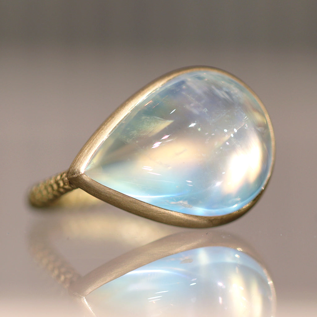 Talkative Rainbow Moonstone Pear Cabochon 22K Gold One of a Kind Ring