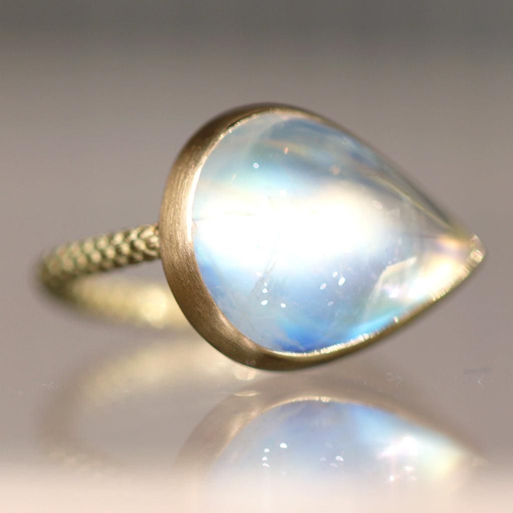 Talkative Rainbow Moonstone Pear Cabochon 22K Gold One of a Kind Ring